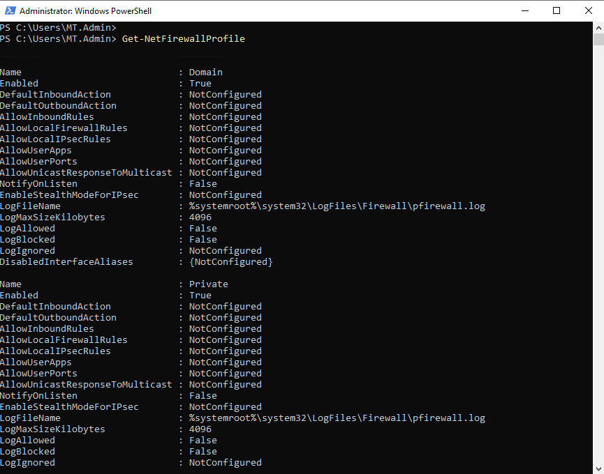 PowerShell Get-NetFirewallProfile output showing Domain, Private, and Public firewall profiles enabled