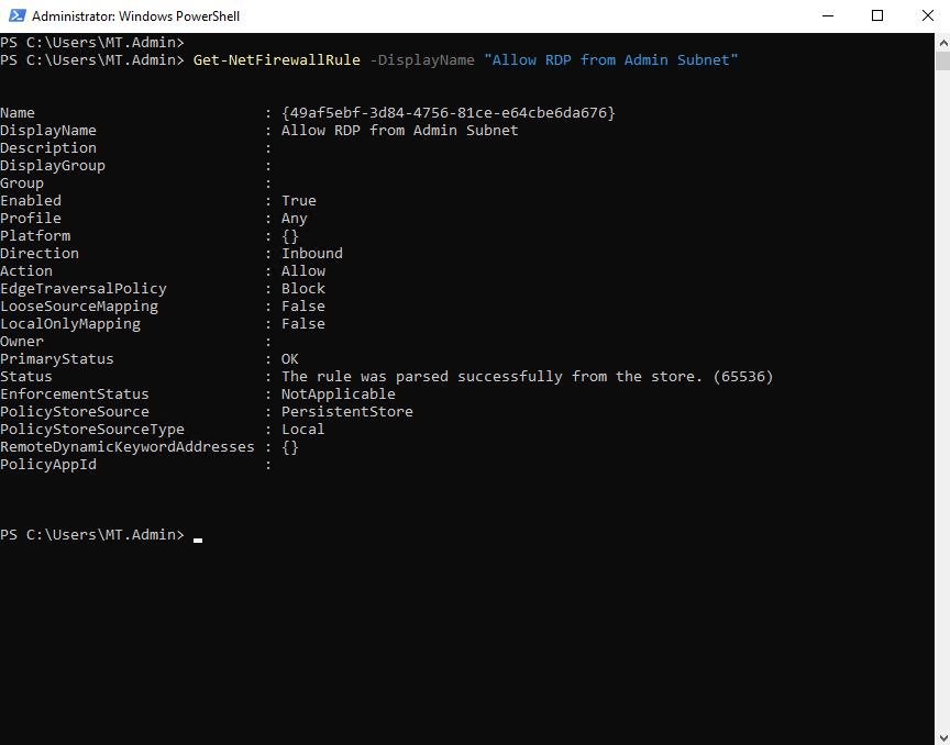 PowerShell New-NetFirewallRule creating an inbound rule to allow RDP only from the 192.168.50.0/24 admin subnet