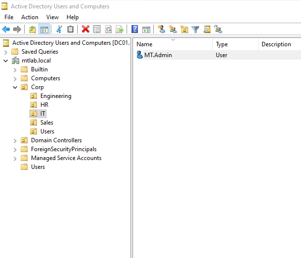 ADUC inside the domain controller VM showing MT.Admin account selected in the IT OU