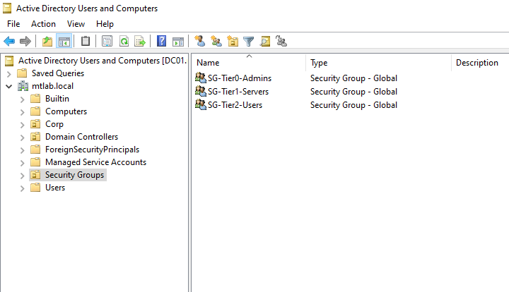 ADUC Security Groups OU listing SG-Tier0-Admins, SG-Tier1-Servers, and SG-Tier2-Users