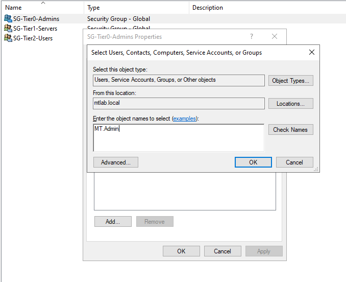 SG-Tier0-Admins Properties showing Select Users dialog with MT.Admin being added as a member