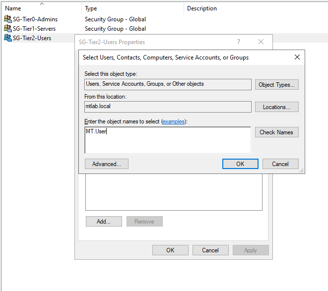 SG-Tier2-Users Properties showing Select Users dialog with MT.User being added as a member