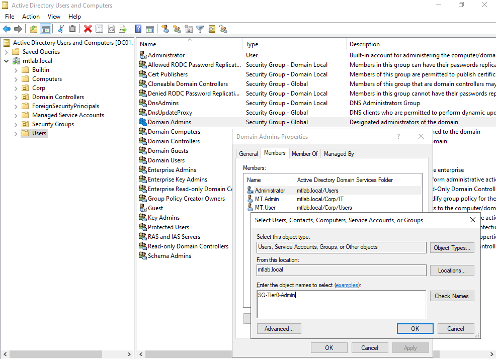 Domain Admins Properties with Select Users dialog adding SG-Tier0-Admins as a nested member