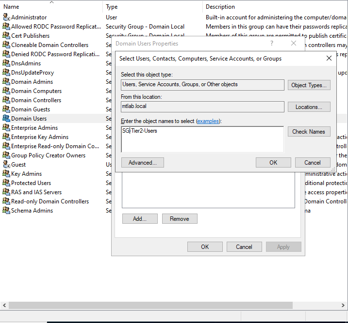 Domain Users Properties showing Select Users dialog adding SG-Tier2-Users as a nested member