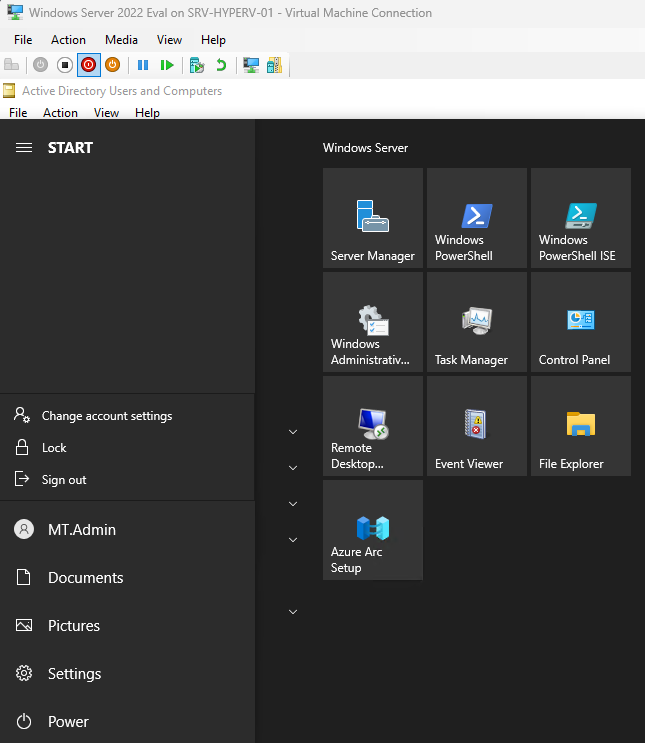 Windows Server Start menu showing MT.Admin as the logged-in administrative user on the domain controller