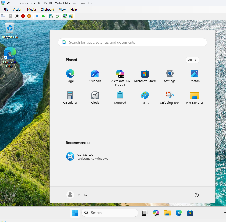 Windows 11 Start menu showing MT.User as the logged-in standard user on the domain client