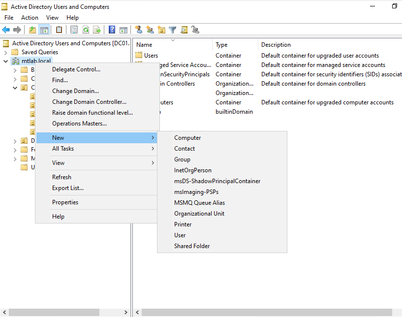ADUC right-clicking the domain root to create a new Organizational Unit
