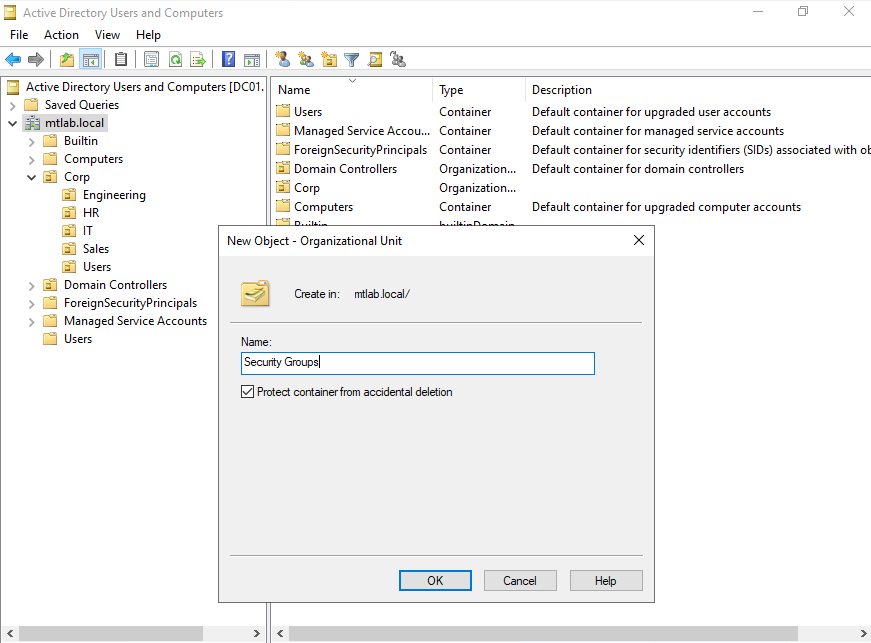 New Object - Organizational Unit dialog with Security Groups as the OU name