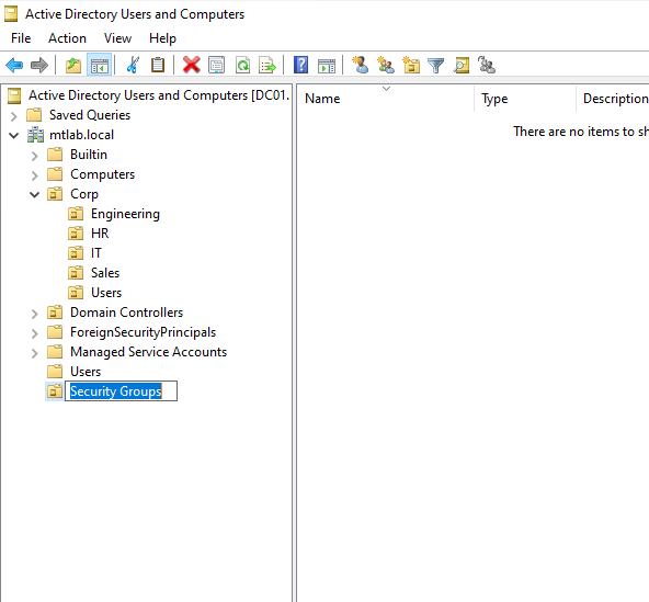 ADUC tree view showing the Security Groups OU created at the domain root level