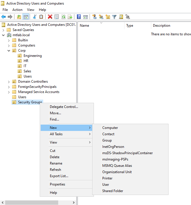 ADUC right-clicking the Security Groups OU to create a new Group object