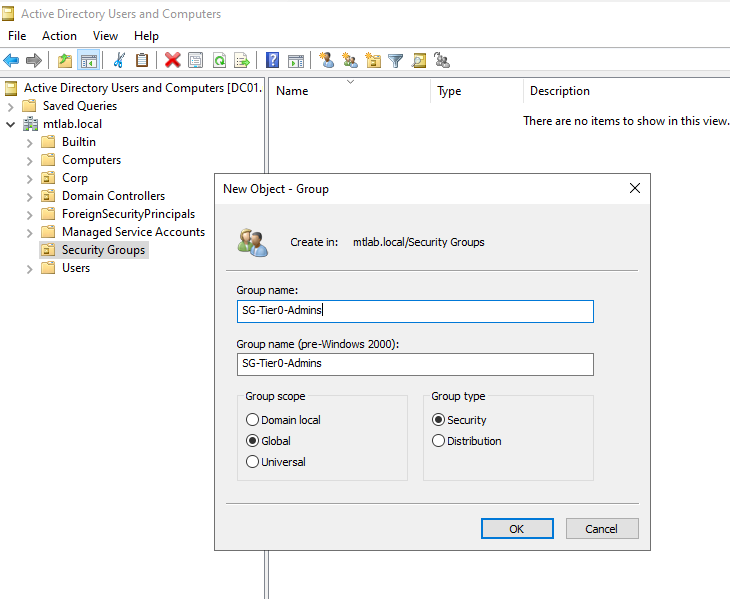 New Object - Group dialog creating SG-Tier0-Admins as a Global Security Group