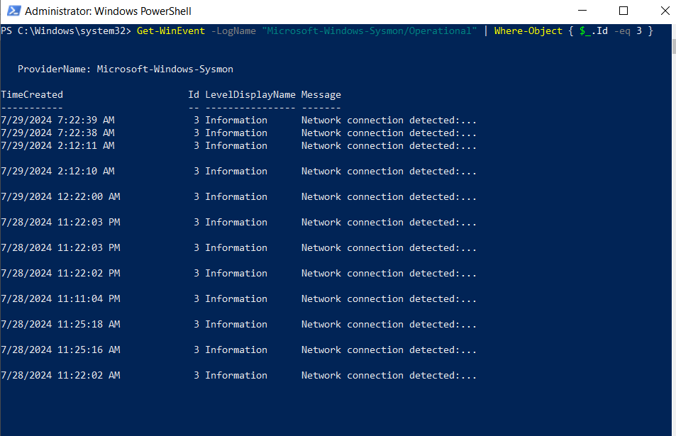 List all network connection events