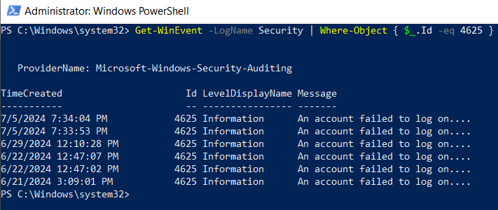 List failed logon attempts