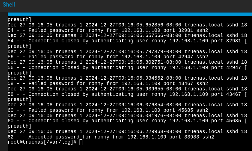 Log view highlighting the successful SSH login event