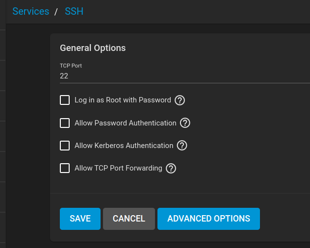 SSH server settings showing keys-only configuration