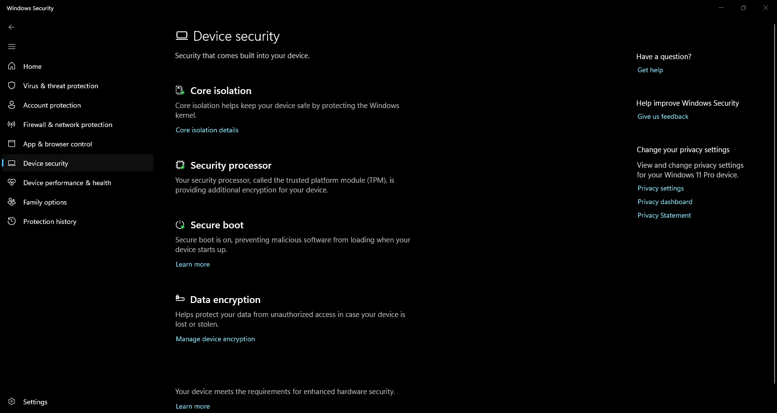 Device security core isolation