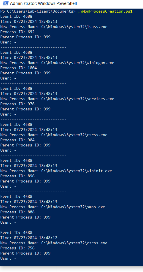 Running Process Creation Events Script